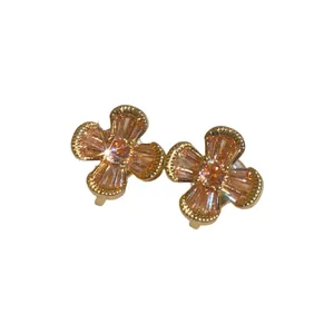 Exquisite Zirconia Flower Ear Clips For Women Copper Light Luxury Baguette Petal Gold Silver Floral Clip-On Earrings Daily Banquet Jewelry
