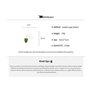 Détails complets du collier pince à lunettes en cuir vert avec dimensions et poids