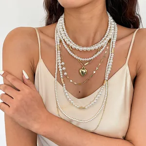 Vintage Mehrlagige Künstliche Perle Herz Halskette Für Damen Goldlegierung Kette Schwere Handwerk Lange Pulloverkette