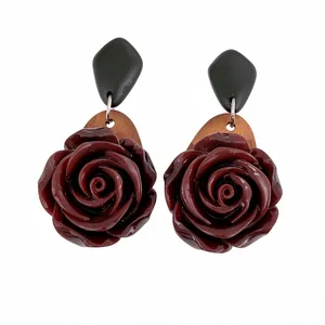 Vintage Rose Blumen Ohrhänger Für Damen Harz Holz Splicing Schmuck Mit Silber Ohrringpfosten Retro Luxuriöses Accessoire