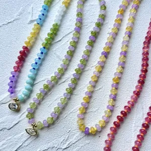Handmade colorful dopamine style beaded necklace with elegant crystal pendant charm