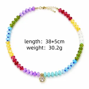 Detail view of colorful dopamine beaded necklace with size and weight parameters