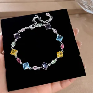 Colorful Zirconia Geometric Jewelry Set For Women Candy Color Copper Crystal Necklace Bracelet Sweet Niche Jewelry Set