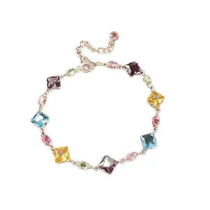Sweet candy style bracelet with colorful geometric cubic zirconia on silver chain