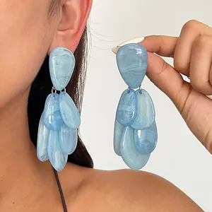 Vintage Western Resin Water Drop Tassel Stud Earrings For Women Marble Blooming Long Dangle Earrings With Silver Post Jewelry