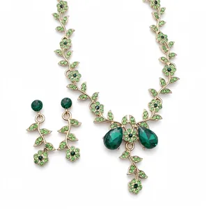 Set Gioielli Vintage Collana Orecchini Lega Strass Fiore Foglia Donna Verde Rosa Viola Cristallo Banchetto Matrimonio Accessorio Festa