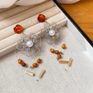 Vintage silver needle flower earrings with amber resin beads, wood accents and pearls