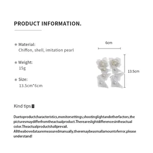 Detailed product specifications for chiffon shell imitation pearl drop earrings showing size