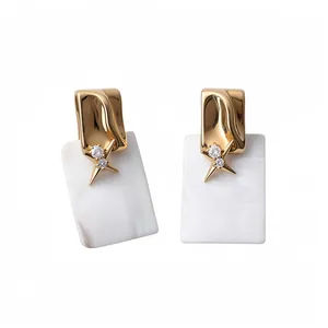 18K Vergoldete Zirkonia Quadratische Muschel Ohrhänger Für Damen Mode Geometrische Stern Design Kupfer Ohrringe Mit Silber Ohrringpfosten