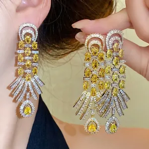 Vintage Palace Style Copper Zirconia Drop Earrings With Silver Earring Post Luxurious Water Drop Geometric Earrings For Women
