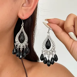 Dark Gothic Waterdrop Tassel Drop Earrings For Women Retro Alloy Acrylic Smudge Ink Style Dangle Earrings Fashion Jewelry