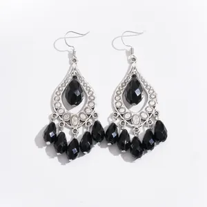 Vintage dark style silver teardrop ear hooks with faceted black acrylic tassel drops
