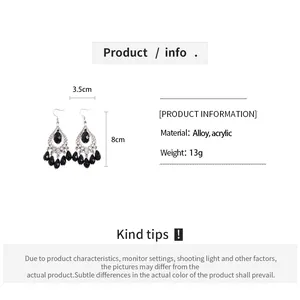 Detailed size info for dark style acrylic waterdrop tassel earrings in black and silver