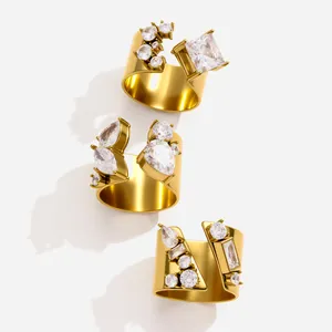 Anillo Abierto Ancho Irregular de Acero Inoxidable y Circonia Chapado en Oro Ajustable Geométrico Joyería para Mujer