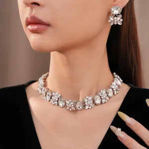 Nahaufnahme von Luxus Silber Blumen Halskette und Kristall Ohrringen an einem asiatischen Model.