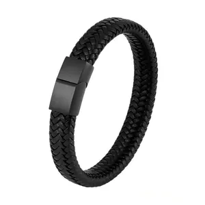 Zwarte gevlochten lederen armband voor heren met matte magnetische sluiting van staal