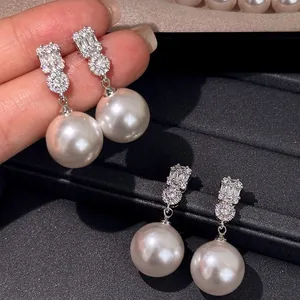 French Style Elegant Artificial Pearl Drop Stud Earrings For Women Shiny Zirconia Inlaid Luxury Jewelry Piercing Earring Gift