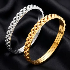 Luxe Roestvrijstalen Armband Met Horlogeband Textuur Voor Dames Goud Zilver Vergulde Geometrische Armring Mode Sieraden