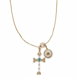 18k Gold Plated Copper Zirconia Mother Of Pearl North Star Cross Pendant Necklace Dainty Chain Jewelry For Women Gift