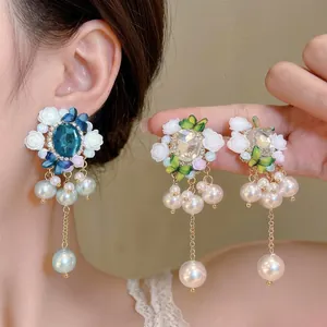 Vintage Flower Pearl Drop Earrings S925 Sterling Silver Earring Post Alloy Rhinestone Floral Dangle Earrings For Women Elegant Jewelry