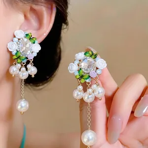 Elegant floral pearl drop earrings with crystal accents and S925 silver needles for women