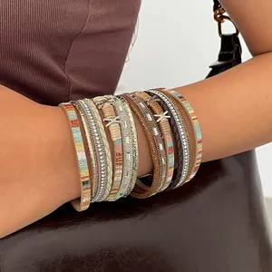 Bohemian Multi-Layer Woven Synthetic Leather Bracelet With Rhinestone Alloy Magnetic Clasp Ethnic Vintage Jewelry For Women