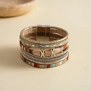 Bohemian multi-layered leather wrap bracelet with rhinestones and magnetic clasp