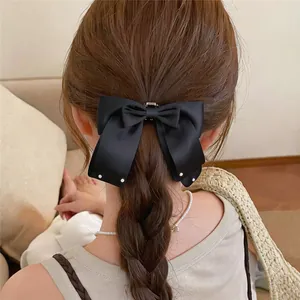 Pince à cheveux élégante en satin noir avec strass délicats sur une coiffure tressée