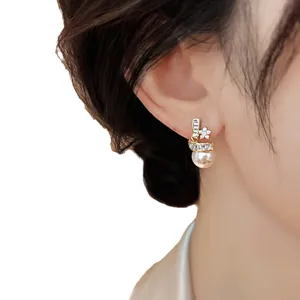 Élégantes boucles d'oreilles perles plaquées or 14 carats avec étoile zircon.