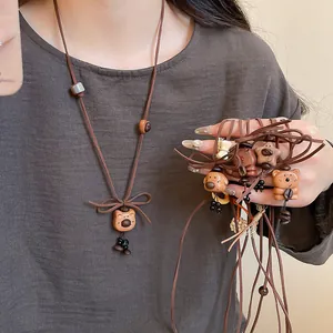 Vintage Wooden Bear Star Pendant Necklace For Women Cute Handmade Brown Cord Sweater Chain Fashion Jewelry Accessory