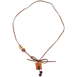 Cute retro wooden bear and star pendant necklace with brown cord and bow decoration