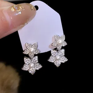 Exquisite Flower Pearl Stud Earrings With Zirconia Inlay Silver Earring Post Elegant Floral Jewelry Gift For Women