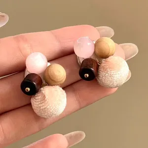 Handgemaakte Hout Kattenoogsteen Stof Pluche Bal Oorknopjes Zoete Roze Blauw Geometrische Oorbellen Voor Vrouwen Herfst Winter Sieraden
