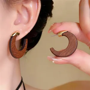 Retro Holzohrstecker Im Neo-chinesischen Stil Für Damen Minimalistische Geometrische C-förmige Holz-Metall-Ohrringe Mit Silberstift
