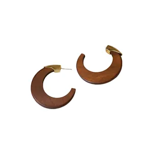 Boucles D'oreilles Puces Rondes En Bois De Style Néo-chinois Rétro Pour Femmes Boucles D'oreilles Géométriques En Forme De C En Bois Et Métal Avec Tige En Argent