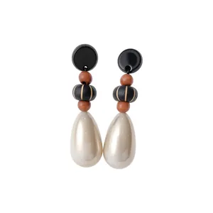 Vintage Neo-Chinese Style Drop Earrings With Silver Post Wood Beads Artificial Pearl Waterdrop Shape Dangle Earrings Women Jewelry