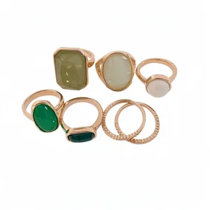 Vintage Resin Geometric Ring Set Alloy Resin Square Oval Round Rings For Women Fashion Ins Style Jewelry Gift