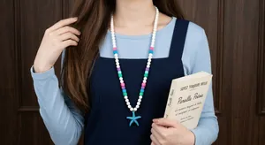 Collar de Cuentas de Piedra de Lava Colorido para Mujer Colgante de Estrella de Mar Azul Cuentas de Madera Hechas a Mano Joyería de Playa