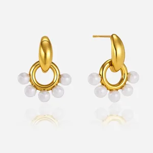 Vintage Gold Plated Stainless Steel Artificial Pearl Door Handle Stud Earrings Light Luxury High-end Jewelry For Women