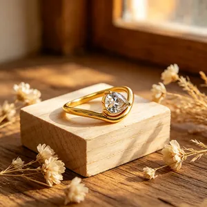 Women's INS Style Water Drop Zirconia Ring Stainless Steel 18K Gold Plated Wave V-Shaped Band Fashion Daily Jewelry Gift