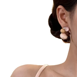 Elegant handmade wood and cat eye stone fabric round stud earrings for women with silver needles