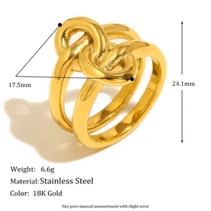 Detail view of 18K gold plated stainless steel knot ring with dimensions