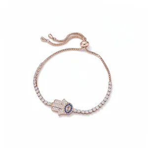 Bracelet de Luxe en Cuivre et Zirconia Main de Fatima Mauvais Œil pour Femme Bracelet Réglable avec Œil Bleu Bijoux de Mode