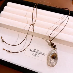 Vintage Tijgeroog Steen Hanger Ketting Voor Dames Koper Hol Waterdruppel Ontwerp Bruin Kunstleren Touw Lange Trui Ketting