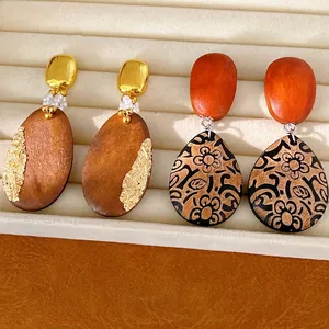 Orecchini a Goccia in Legno Vintage Stile Etnico Con Perno in Argento Sterling 925 Foglia d'Oro Geometrici Perla Artificiale Orecchini per Donna Gioielli