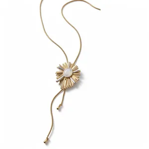 Vintage 18K Real Gold Plated Round Sunburst Pendant Necklace For Women Adjustable Drawstring Artificial Pearl Copper Clavicle Chain