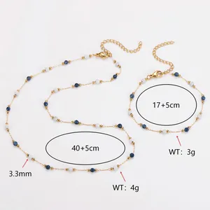Edelstahl Halskette und Armband Set mit blau-weißen Perlen und Größenangaben