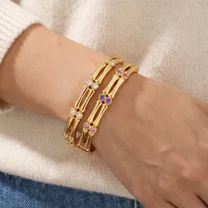 European American Style Geometric Round Stainless Steel Bangle For Women 18K Gold Plated Bamboo Texture Rhinestone Bangle Bracelet