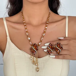 Westerse Luxe Glas Strass Patchwork Blad Kwastje Ketting Oorbellen Set Legering Ingelegde Choker Voor Vrouwen Sieraden
