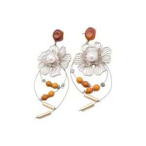 Vintage Luxurious Hollow Flower Tassel Earrings With Artificial Pearl Resin Silver Earring Post Elegant Drop Earrings For Women